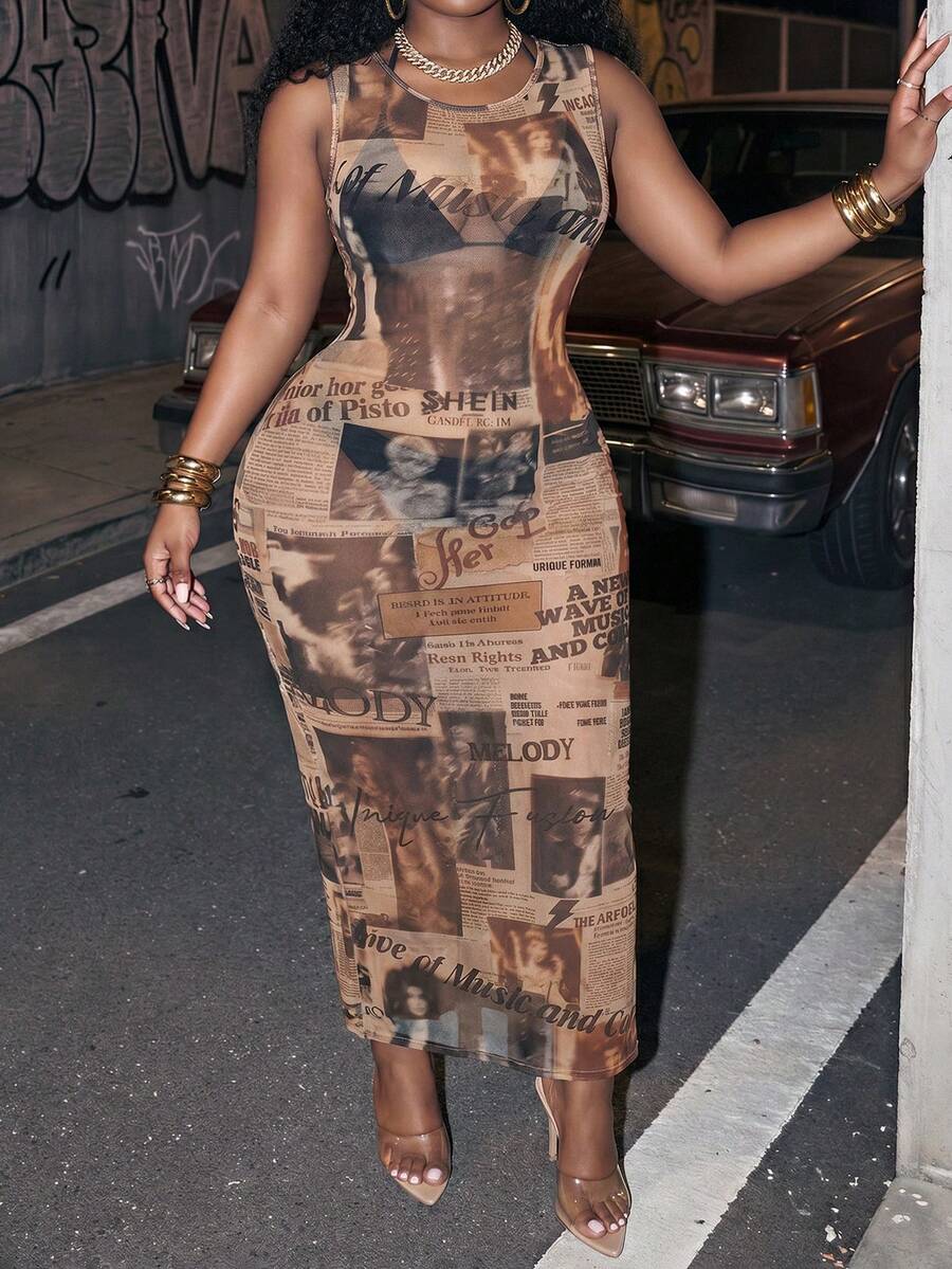 Slaydiva New Summer Style, Birthday Party, Daily Wear, Versatile Basic, Casual, Date, Shopping, Party, Music Festival, Street Sexy, Hot Girl, Workwear Street, Vintage Street, Slim Fit Round Neck Sleeveless Bodycon, Magazine Element, Sheer Mesh Print, Women Plus Size Long Dress-A