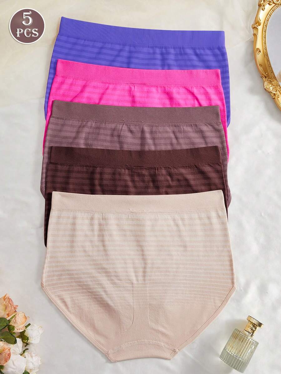 NudeFit 5PCS Women Plus Size Comfy Stretch High Waisted Striped Seamless Full-Coverage Panties - Multicolor - View 1