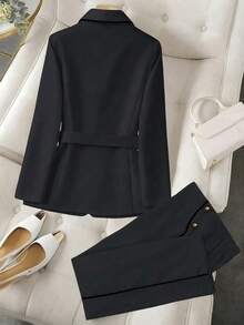 GlowEve CURVE Conjunto de blazer elegante con parches y pantalón de pierna recta, adecuado para uso diario, tallas grandes para mujer - Gris Oscuro - Ver 2