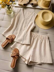 SHEIN Holidaya Women's Light Beige Summer Casual Vacation Holiday Linen Two Piece Set,V-Neck Sleeveless Hollow Out Lace Trim Tank Top&Elastic Waist Loose Shorts Set - Apricot - View 5