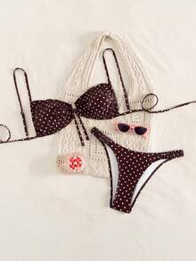 Swim Mod Polka Dot Print Bikini, Sexy Beachwear Swimwear With Adjustable Straps For Women, Spring/Summer - Brown - View 3