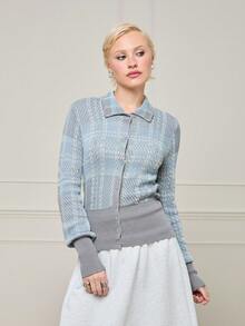 COUREZ Long Sleeve Plaid Pattern Fitted Knit Cardigan , Y2K Vintage Elegant Autumn For Women , Party School Office Rave Fall - Multicolor - View 1