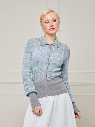 COUREZ Long Sleeve Fitted Knit Top In Check/Y2K Summer Outfits For Women Long Sleeve Tops Going Out Outfits Party Tops Festival Outfits Summer Tops Spring Outfits For Women Summer Clothes For Women
