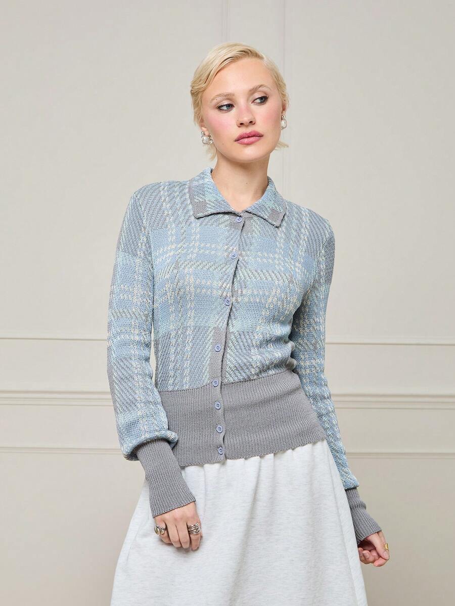 COUREZ Long Sleeve Plaid Pattern Fitted Knit Cardigan , Y2K Vintage Elegant Autumn For Women , Party School Office Rave Fall - Multicolor - View 1