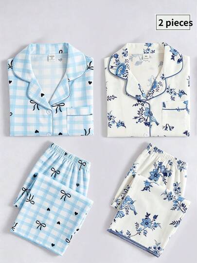 SHEIN Genkimix Kids 2-Piece Girls Kids Stylish Lapel Collar Short Sleeve Spring Summer Ivory Blue Floral And Animal Pattern Pajamas With Blue Trim Soft Lightweight Woven Fabric Casual Daily Homewear Fashion-Forward Nightwear Comfortable Sleepwear Cozy Gentle Smooth Skin-Friendly Long Pants For Big Kids Relaxed Home Clothing Girls Nightwear