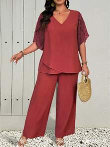 SHEIN LUNE 2 件套大码女式休闲镂空拼接荷叶边袖上衣和直筒裤度假套装 - 玫紅色 - 查看 1