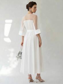 Uhlyne Uhlyne Đầm maxi dáng chữ A màu trắng bằng chiffon satin, cổ chữ V, phối lưới, tay lỡ 3/4, thắt eo, dành cho nữ, kiểu dáng tối giản, thích hợp đi làm và mặc thường ngày. - trắng - Xem 5