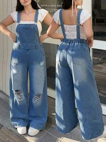 SHEIN MOD Plus Size Denim Overalls Spring Casual Overalls Ripped Straight Pants Casual Spring Overalls Y2K Outfit - Light Wash - View 5