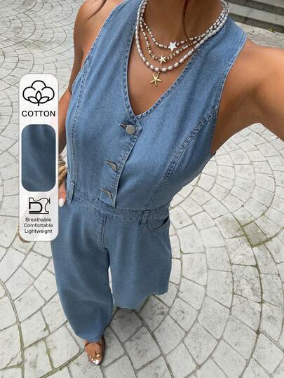 Livesso Salopetă și salopetă din denim pentru femei, fără mâneci, cu decolteu în V și talie strânsă, din bumbac albastru, potrivită pentru petrecere, plajă, vacanță, vară