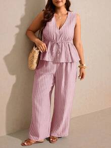 Elaquor Plus Size Casual Vacation Striped Sleeveless A-Line Shirt And Straight Leg Casual Pants 2 Pieces Set - Pink - View 6