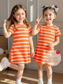 Elladie kids 春夏女童休闲时尚创意个性清新橙白条纹胸前印花休闲基础款短袖T恤裙，舒适日常穿着，适合春、夏、秋季穿着。 - 彩色 - 查看 3
