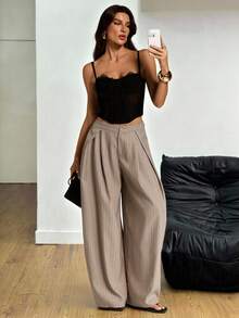 SHEIN Tall Pantalones para mujer primavera/verano vintage casual hippie estilo calle y oficina, ropa casual occidental chic a rayas, cómodos, holgados, con bajo curvo y plisados, para mujeres altas - Albaricoque - Ver 4