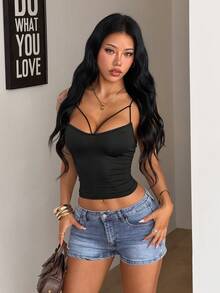 Coolane 女士夏季外出休闲可爱运动V领弹力露脐吊带背心，黑色上衣，吊带衫 - 黑色 - 查看 6