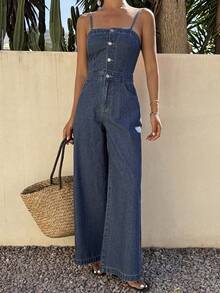 DAZY Bộ áo liền quần hai dây mùa hè dành cho nữ, quần yếm denim buộc dây hở lưng thanh lịch kiểu dáng thường ngày và áo liền quần. - Rửa trung bình - Xem 4