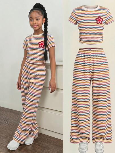 Conjunto de 2 piezas para niñas preadolescentes, camiseta de cuello redondo de manga corta fruncida en blanco sólido + pantalones anchos de pierna ancha con estampado de hojas tropicales verdes, ropa de estar cómoda y holgada para el verano, de tela suave y transpirable, perfecta para uso diario casual, escuela, vacaciones, playa, viajes familiares, salidas de fin de semana, citas y actividades cotidianas, y estilo versátil para niñas