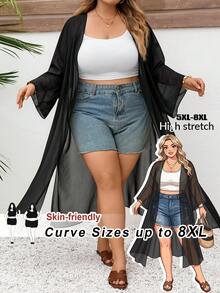SHEIN CURVE+ Plus Size Women's Summer Business Casual Beachwear Vacations Woman Beach Coat For Spring Break Offices Women Concert Cruise Attire Cover Up - Black - View 2