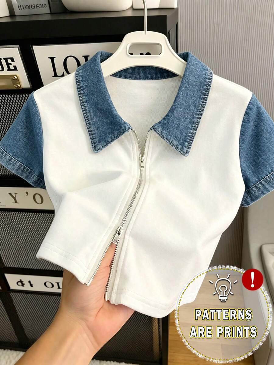 SHEIN 女士撞色拉链休闲百搭日常短袖上衣 - 白色 - 查看 1