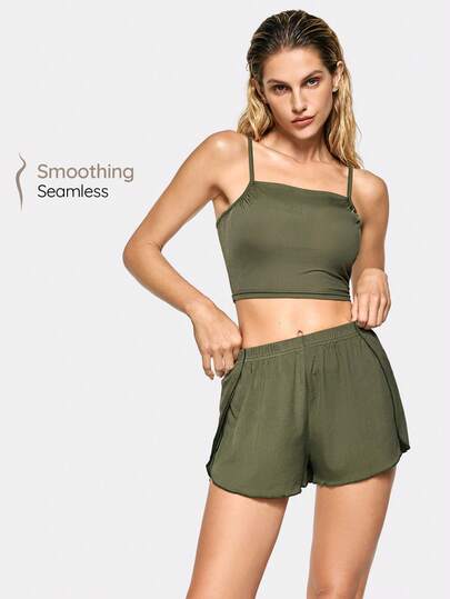 SHAPORA Women's Solid Color Simple Style Daily Cami Top & Shorts Set, Loungewear Outfit