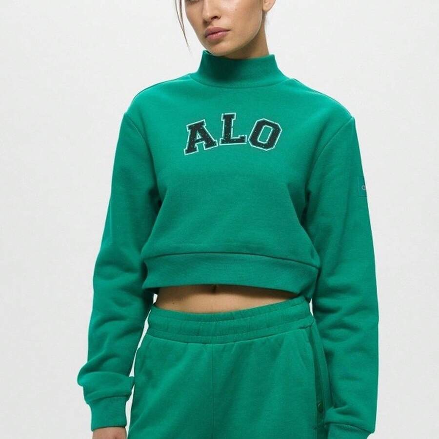 Alo Yoga Hoodie RENOWN CRPD PREPPY Warmth Soft Versatile Easy To Wash Outdoor Daily Women Light Brown W3653RG - GREEN EMERALD/BLACK - Light brown - View 1