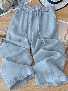 SHEIN PariChic Women's Casual Linen-Like Texture Straight Leg Pants, Spring/Summer - Baby Blue - View 4