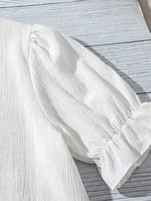 SHEIN VCAY Áo kiểu nữ cỡ lớn, màu trơn, phối ren, cổ vuông, tay ngắn. - trắng - Xem 3