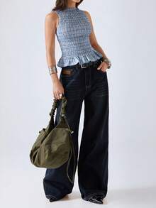 LYSMO Women's Pleated Striped Ruffle Hem Round Neck Camisole - Baby Blue - View 5