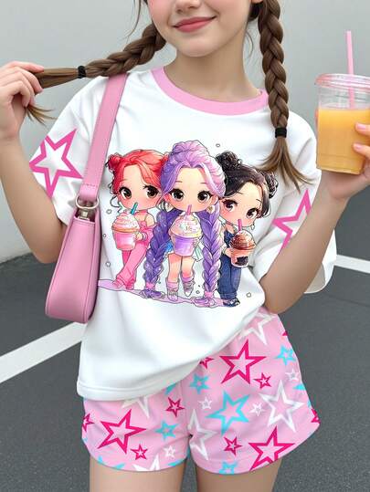 Tween Girls' Casual Cute K-Pop Superstars Cartoon Girl Group Print White Short Sleeve T-Shirt And Cream Pink Star Print Shorts 2-Piece Set, Suitable For Summer