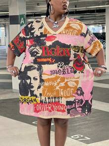 SHEIN CURVE+ Plus Size Women V-Neck Short Sleeve Loose Casual Cowboy Knit Mini Dress, Y2K Style Street Wear, Retro Poster Pattern, Concert Beige Summer - Multicolor - View 3