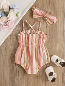 SHEIN Vintaside Kids Bộ 2 món thời trang dễ thương kẻ sọc trễ vai và băng đô cho bé gái, thích hợp cho tiệc mùa hè. - Đỏ - Xem 2
