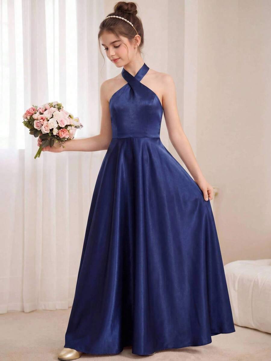 Pitira 少女缎面纯色优雅吊带连衣裙，花童婚礼派对礼服 - 寶藍色 - 查看 1