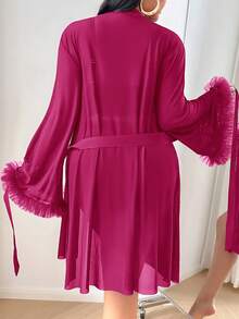 SHEIN 3pcs Set: Lace Trim Camisole Shorts + Floral Trim Wide Sleeve Mesh Robe, Plus Size - Hot Pink - View 2