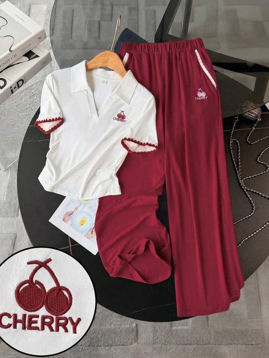 SHEIN 2件套少女春夏休闲时尚撞色翻领花卉刺绣袖口搭配弹力腰阔腿裤,适合日常、通勤、休闲、度假、朋友聚会、街头风格 - 白色 - 查看 1