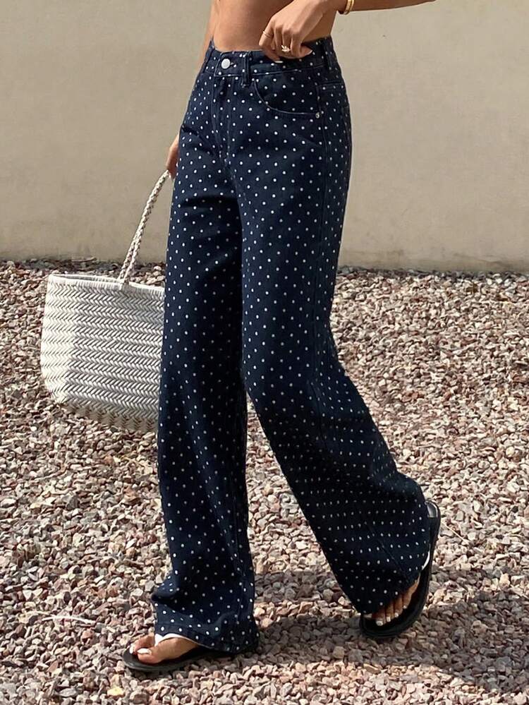 Women's Romantic Casual Polka Dot Print Loose Fit Jeans, Spring & Summer