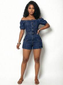 Slaydiva Bộ jumpsuit denim nữ mùa hè kiểu dáng thường ngày, trễ vai, cài cúc nửa thân. - Màu xanh lam - Xem 4