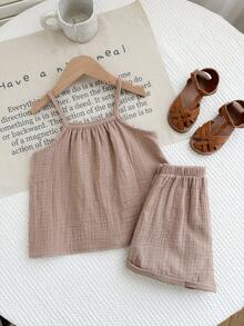 SHEIN LMoss Kids 女童夏季休闲宽松吊带背心和荷叶边短裤两件套 - 卡其色 - 查看 3