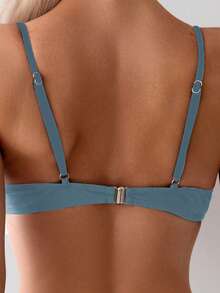 Swim SXY Women's Summer Beach Solid Color Ruched Bikini And Triangle Panty Swimwear Set - Dusty Blue - View 5