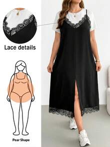 SHEIN Essnce Bộ đồ hai mảnh thời trang xuân/hè dành cho nữ cỡ lớn, thoải mái, rộng rãi, cơ bản, đa năng, tôn dáng: Áo thun ngắn tay màu trắng và váy dài yếm màu đen viền ren, kiểu dáng đơn giản, trang phục sân bay, mùa hè châu Âu, đồ đi chơi. - Đen và trắng - Xem 1