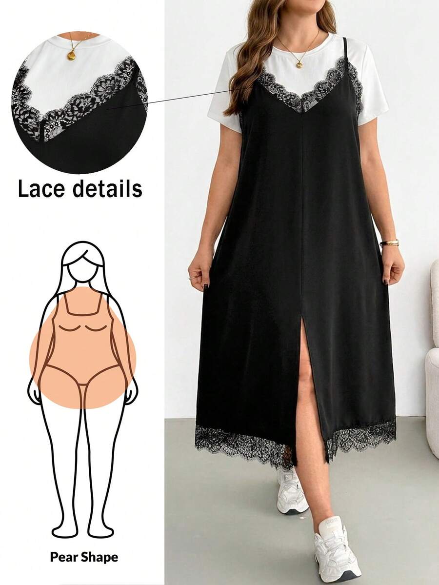 SHEIN Essnce Bộ đồ hai mảnh thời trang xuân/hè dành cho nữ cỡ lớn, thoải mái, rộng rãi, cơ bản, đa năng, tôn dáng: Áo thun ngắn tay màu trắng và váy dài yếm màu đen viền ren, kiểu dáng đơn giản, trang phục sân bay, mùa hè châu Âu, đồ đi chơi. - Đen và trắng - Xem 1