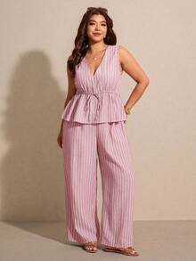 Elaquor Plus Size Casual Vacation Striped Sleeveless A-Line Shirt And Straight Leg Casual Pants 2 Pieces Set - Pink - View 5