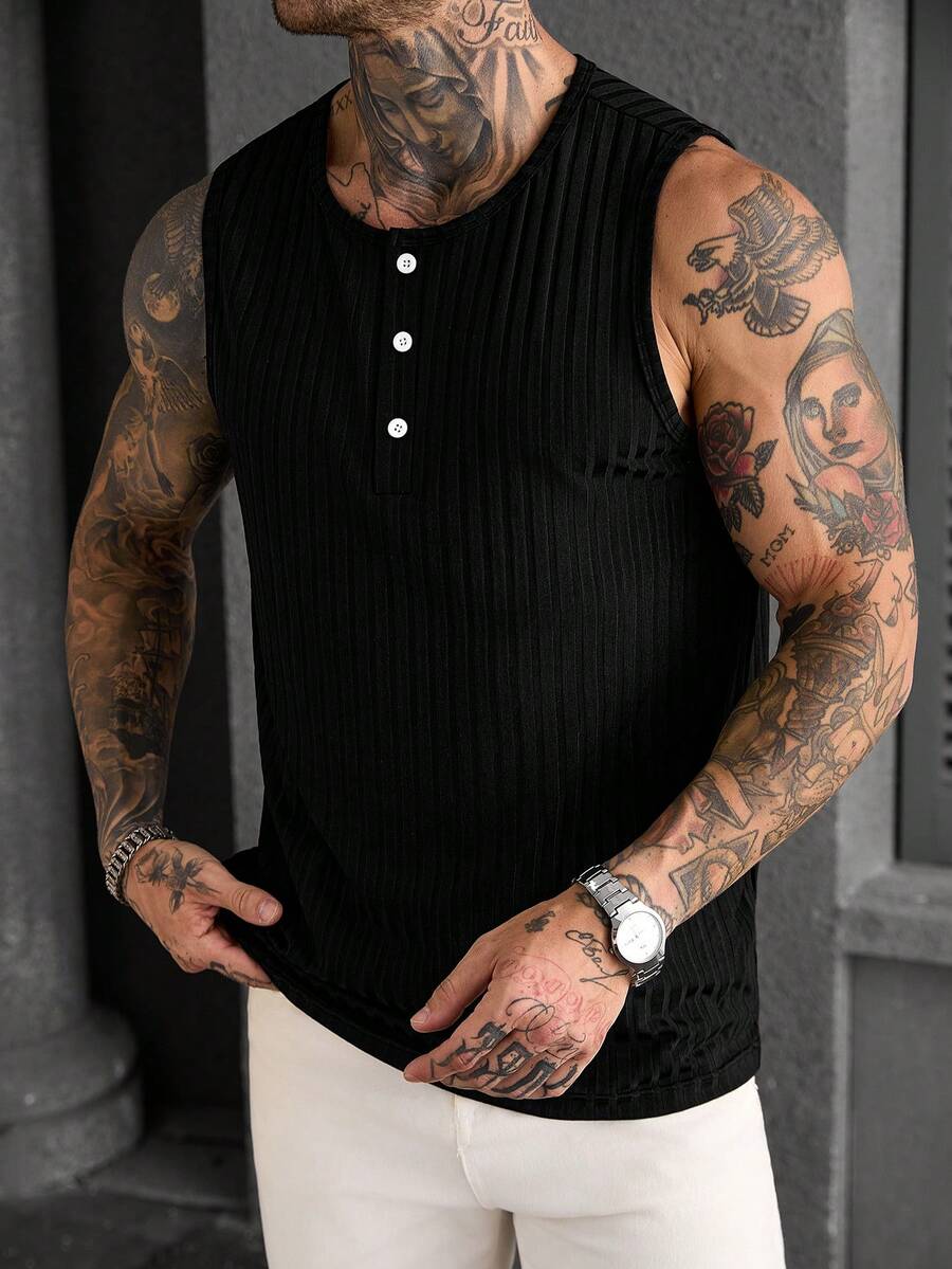Manfinity CasualCool Áo tank top nam màu đen dệt kim gân, dáng ôm, chất liệu mềm mại và thoải mái, trang phục thường ngày cơ bản đa năng, phù hợp mặc ở nhà hoặc ngoài trời, thiết kế nửa khóa kéo với nút cài tương phản, áo vest phong cách đường phố mùa xuân/hè. - màu đen - Xem 1