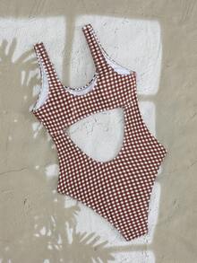 Swim Mod Áo tắm liền thân nữ tính, họa tiết kẻ caro, cổ tròn, khoét eo, dễ thương, ôm sát, thích hợp cho lễ hội âm nhạc bãi biển mùa xuân/hè, dành cho nữ. - Nhiều màu - Xem 2