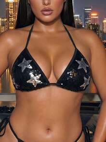 Swim SXY Bộ bikini hai mảnh họa tiết ngôi sao năm cánh đính sequin đen trắng gợi cảm lãng mạn kiểu dáng mùa hè 2026, thích hợp cho bãi biển, kỳ nghỉ, tiệc trà chiều, dã ngoại, tiệc tùng, hoạt động thường ngày và ngoài trời. - màu đen - Xem 3