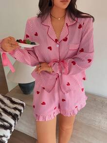 Napfluff Conjunto de pijama con top de rayas en forma de corazón y shorts con cuello clásico - Rojo y blanco - Ver 4