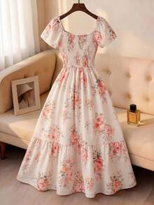 SHEIN Franclia 2026新款粉色碎花连衣裙，短袖方领伞裙，收腰设计，百搭沙滩度假休闲通勤女装 - 彩色 - 查看 2
