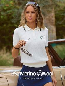 GLOWMODE Textured Knit Classic Prep Waist Length Regular Fit Front Logo Embroidery Striped Polo Short Sleeve Shirt Tennis Golf Pickleball Daily Casual Wear - White - View 1