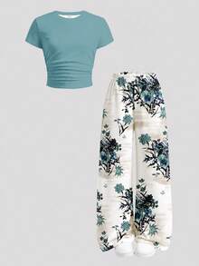 2pcs Tween Girls' Ruched Fitted Short Sleeve T-Shirt & Floral Print Casual Pants Set, Daily Fashion Retro Colorblock Y2K Style - White - View 2