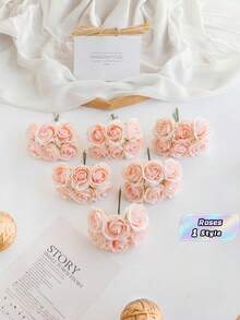 6Pcs Mini Artificial Roses Letter Shaped For DIY Wreath Candy Box Wedding Home Decor Bride Wrist Corsage Chest Flower Headpiece Materials Valentines New Year Birthday Party Cake Decorations - Baby Pink - View 1