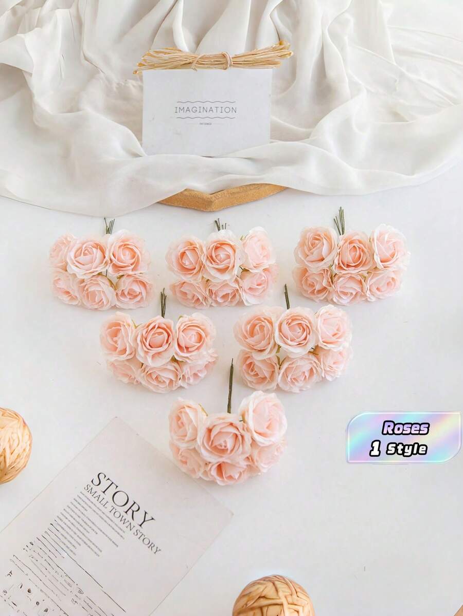 6Pcs Mini Artificial Roses Letter Shaped For DIY Wreath Candy Box Wedding Home Decor Bride Wrist Corsage Chest Flower Headpiece Materials Valentines New Year Birthday Party Cake Decorations - Baby Pink - View 1