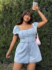 GalTyme Plus Size Light Blue Summer Casual Hiking Vacation Denim Romper,Women's Curvy Overall With Structured Bodice,Square Neck Puff Sleeve Elegant Chic Y2k - Blue - View 9