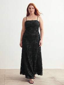 MOTF PREMIUM PLUS SIZE BLACK JACQUARD SPAGHETTI STRAP CINCHED WAIST DRESS - Black - View 4